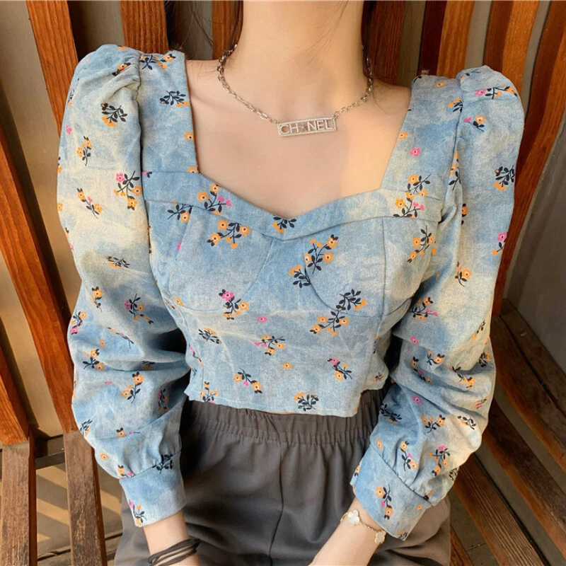 Women Puff Sleeve Denim Tops Flower Short Shirt Square Collar