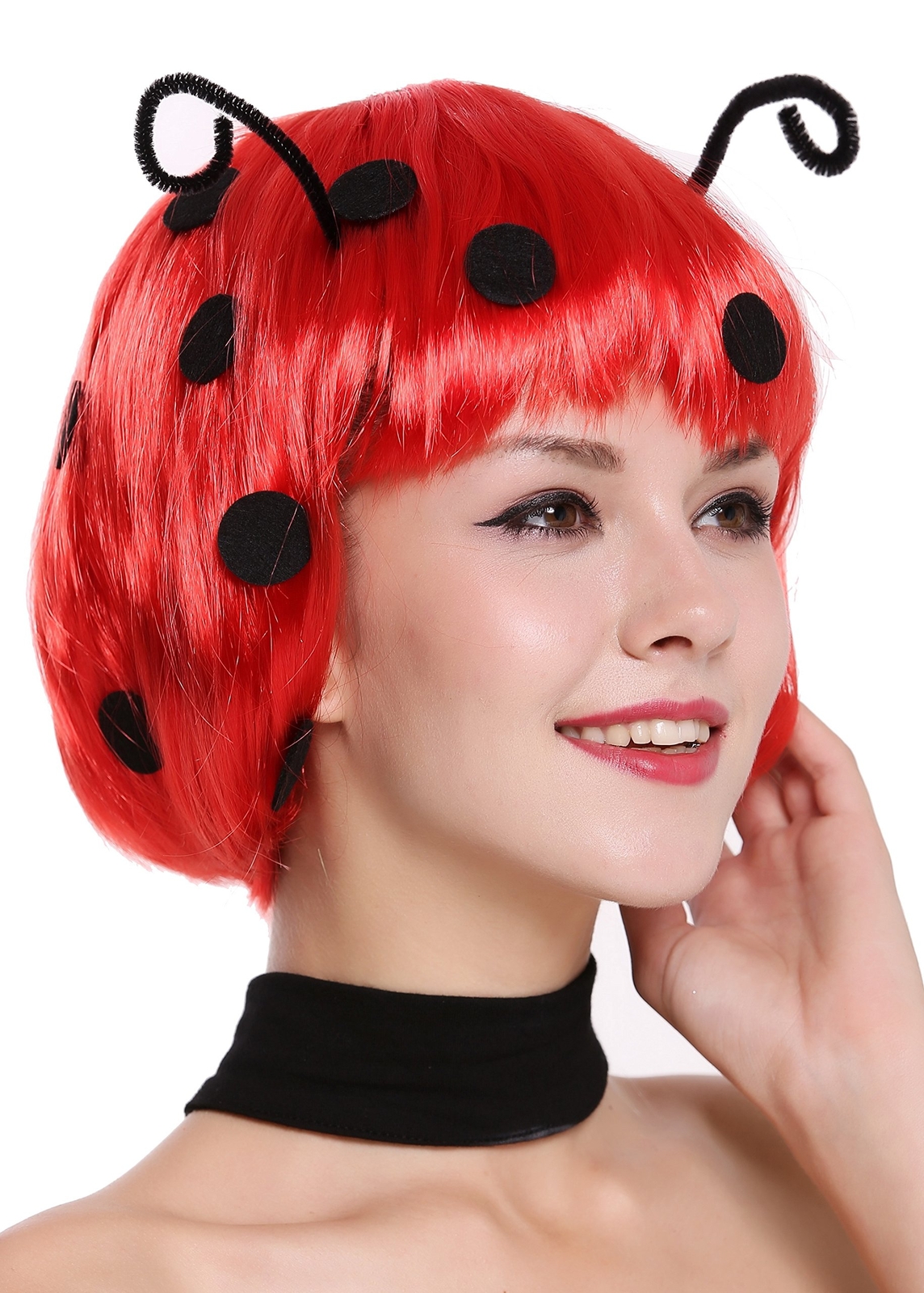 - 91574-ZA13 Perücke Damen Karneval Fasching Marienkäfer Ladybug Bob rot schw...