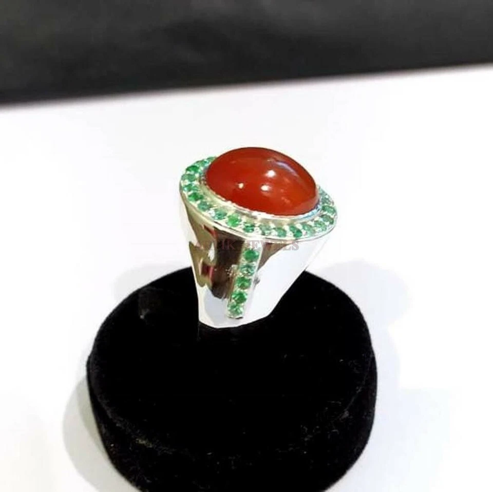 Natural Rojo y Verde Onix Con 14K Oro Blanco Chapado Plata Anillo para Hombres # - Imagen 3 de 4