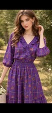 Jaymee Papell Womens Midi Dress Sz M Purple Paisley Cottagecore Grannycore