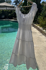 Urban Outfitters White Smocked Cotton Midi Dress M Square Neck Puff Sleeve Tie