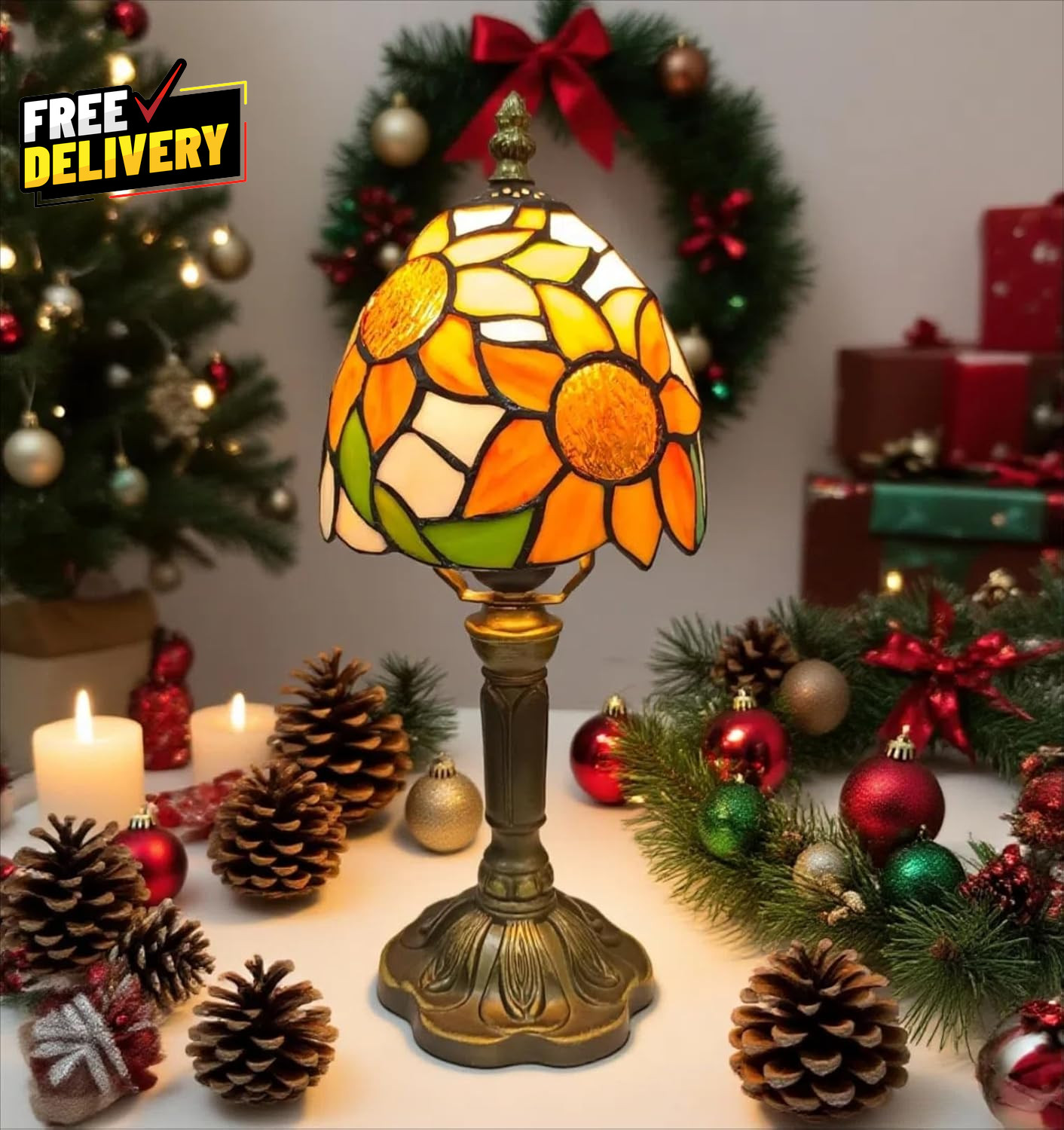 Tiffany Style Table Lamp,Sunflower Stained Glass Lamp  6 Inch Small Antique Beds