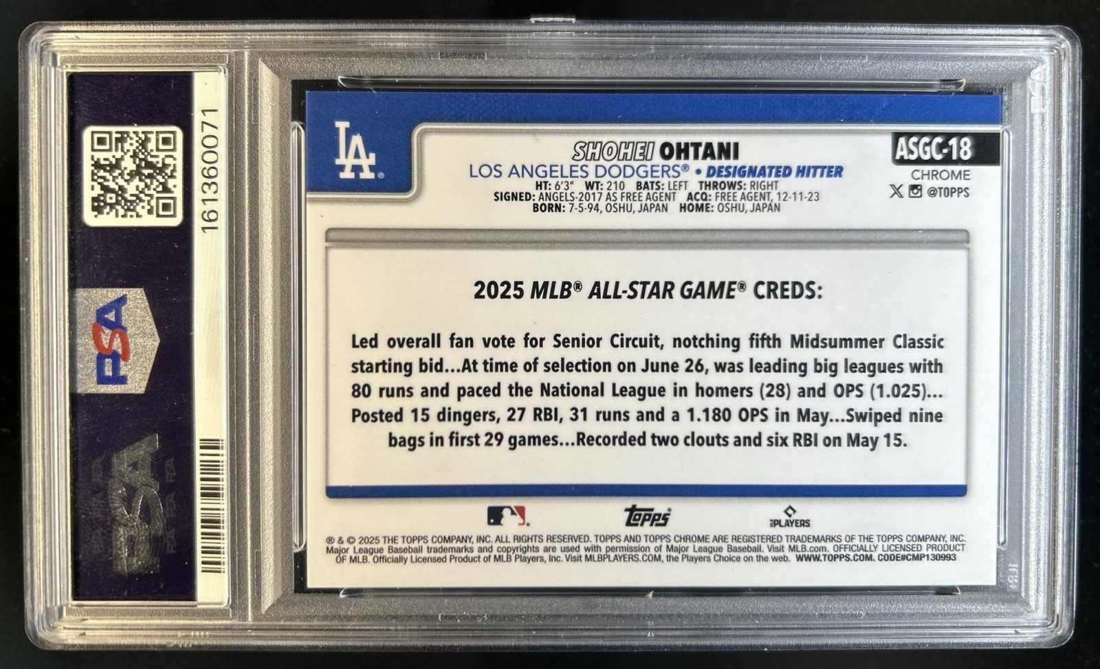 2025 Topps Chrome Update Shohei Ohtani All-Star Game Green Refractor #/99 PSA 8 view 2