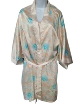 Vintage Contessa Di Roma 2X Blue Peach Floral Satin Robe Nightgown Set