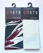 2-PK, 1670 Pocket Squares Black with Maroon White with Black Polka Dots Cotton