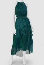 1.STATE Women's Green Crinkle Metallic Layered Halter Maxi Dress Sz S
