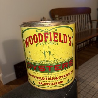 Woodfield Fish & Oyster Co. vintage Lattina di ostriche latta da un gallone con coperchio RARA!!!!