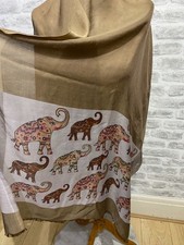 Chiffon scarf shawl wrap brown & elephant print (small pull) boho oblong   S1080