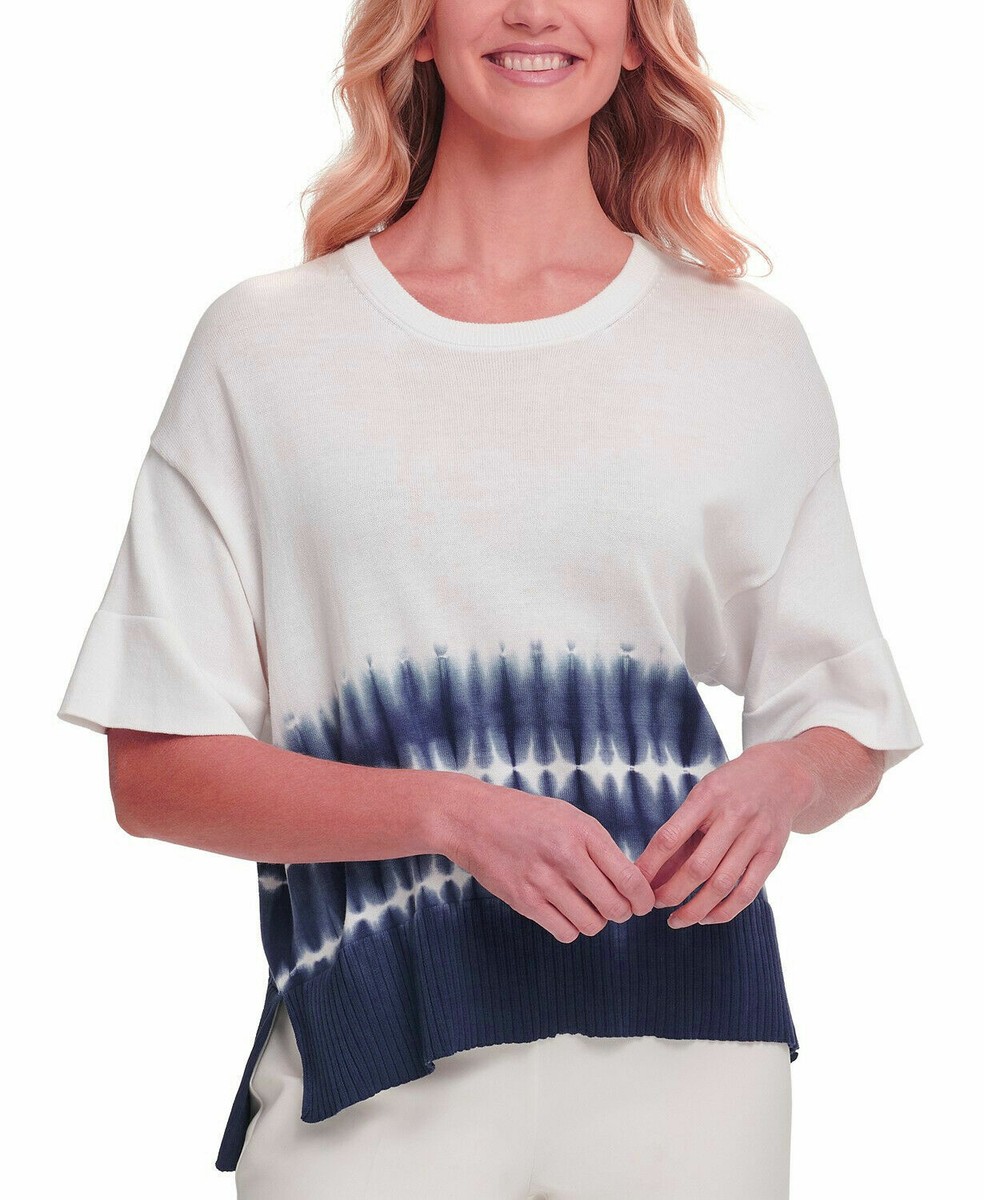 NWT DKNY Women's M XL White Blue Pullover Tie-Dye Short Sleeve Cotton Top