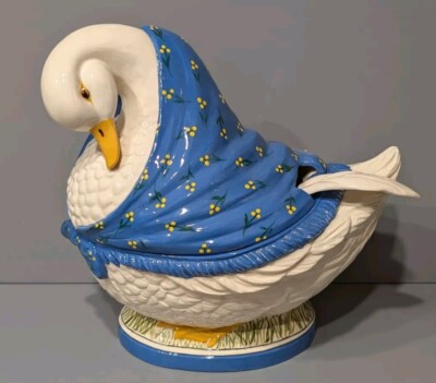 Ceramic Duck Soup Tureen w/ Ladle Blue Scark Punch Bowl Country