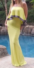 Maya Antonia-M SIZE-Sexy Strapless Ruffle Maxi Dress Yellow w/Grey trim