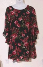NINE WEST*Black w Red Floral Semi Sheer Dress*Size 16*Lined*Zipper*Long Bell Slv