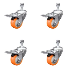 3 Inch SS Orange Polyurethane 12mm Threaded Stem Caster Set Total Lock Brake