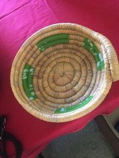 Vintage Handwoven Coiled African Basket With HANDLE - 8.5 INCHES - GREEN ACCENT