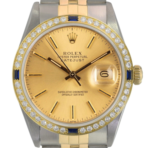 BOX&PAPER 16233 ROLEX DATEJUST CHAMPAGNE DIAMOND-SAPPHIRE 18K JUBILEE WATCH