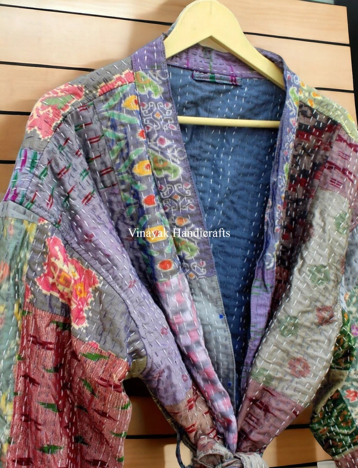 Indian Patchwork Kantha Jacket, Soft Silk Kantha Jacket, Cotton Bath Robe Kimono - Изображение 2 из 4