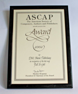 ASCAP AWARD - BEENIE MAN FEAT. JOE - 'FEEL IT GIRL' - 2002 - ***NEW LISTING***