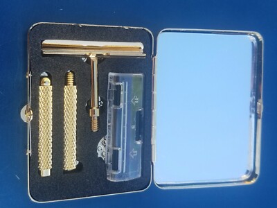 Vintage Gold Tone Portable Shaving Kit Safety Razor with Mirror