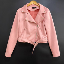 Pretty Little Thing Faux Suede Biker Jacket Women's Size 6 Pink Full Zip Belted