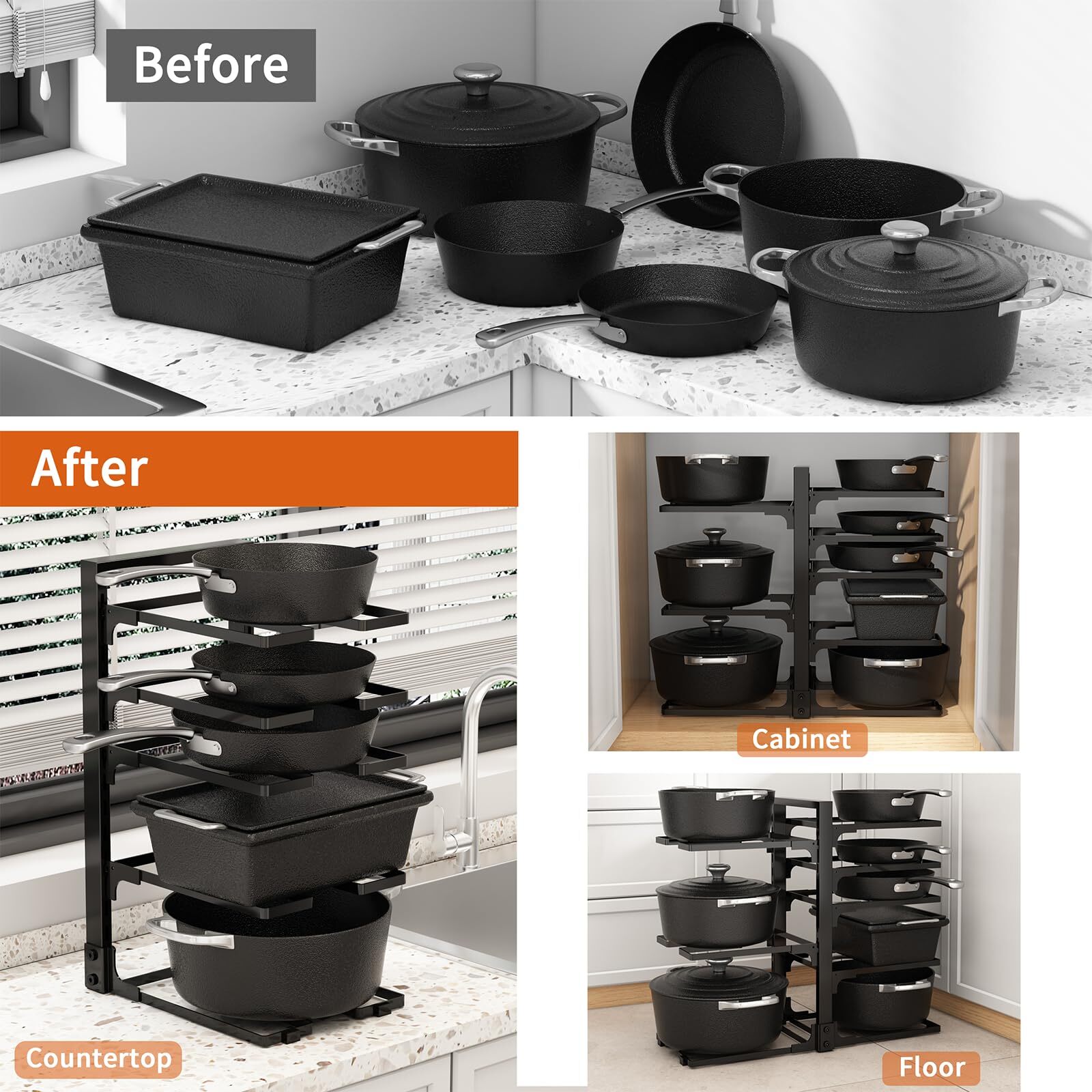 Adjustable Pots and Pans Organizer Under Cabinet 8-Tier Pot and Pan Organizer...