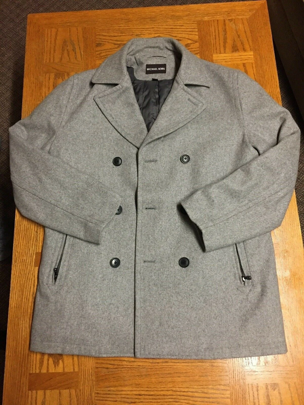 Giacca invernale uomo Michael Kors grigio cappotto di lana con bottoni medi nuova