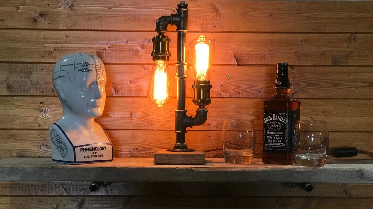 Industrial Table Lamp Steampunk Retro Dual Edison Bulb Oak Base Mancave