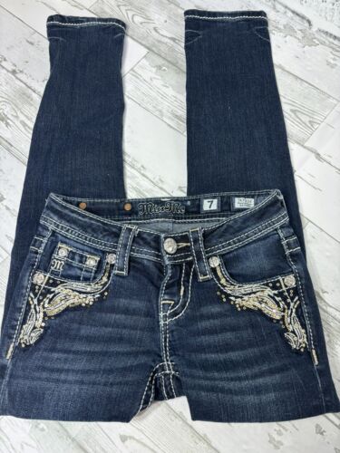 Miss Me Girls Skinny Jeans Dark Denim JK75735 Size 7 Beautiful Embellishment   - Afbeelding 1 van 6