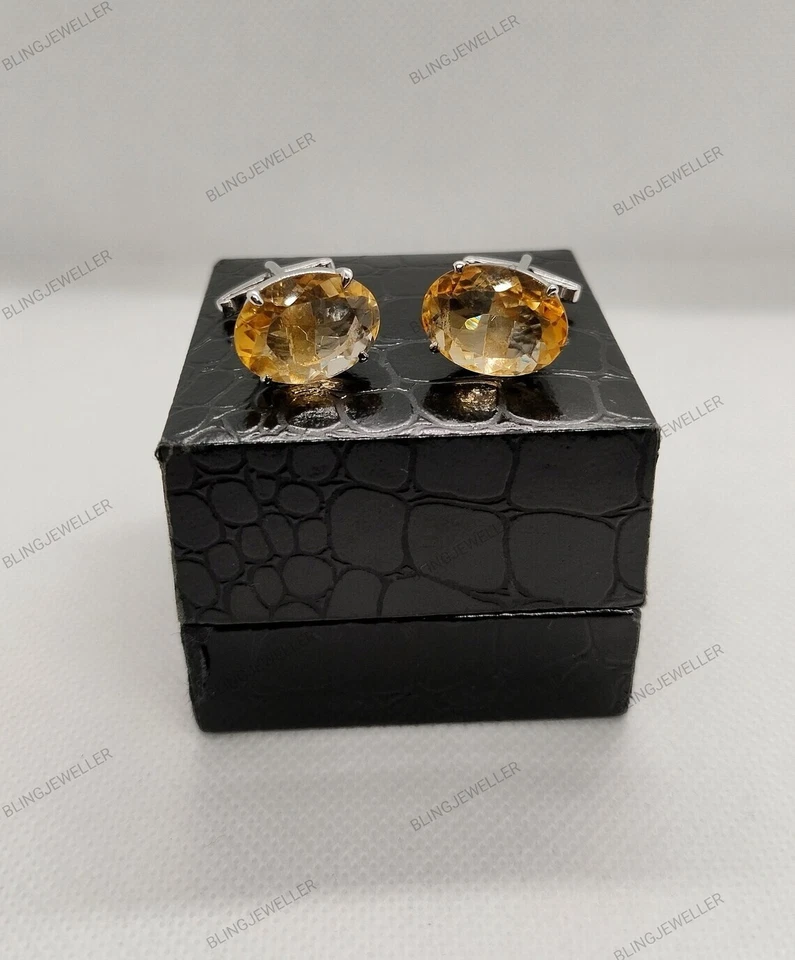 Gemelos de plata de ley 925 con piedras preciosas de citrino natural para joyería hecha a mano para hombre Foto 4 de 4