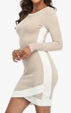 Sweater Dress Slim Fit Color Block Boat Neck Bodycom MiniLong Sleeve- L