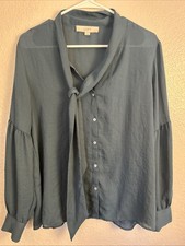 Women's Emerald Green Loft Blouse Bow Neck Long Sleeve Medium