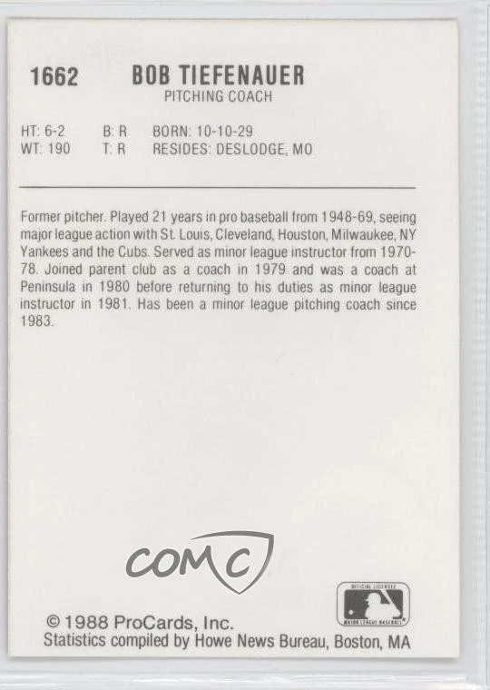 1988 ProCards Minor League Bobby Tiefenauer #1662 - Image 2 of 2