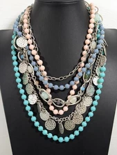 Multi Strand Beaded Necklace Silver Tone Chains Coins Charms Layered 18 in