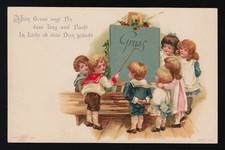 Kinder spielen Schule "Gruss" Tafel, Vers, E.DL, Kopal Serie 214 ungebraucht