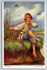 Vintage St. Jarocki  Wiosna  Lviv Postcard Boy Playing Flute Spring