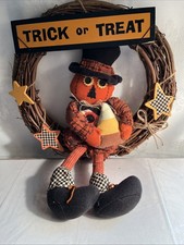 Vtg Halloween 12" Door Deco Scarecrow on Ornamental Grapvine Wreath