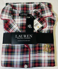 NEW RALPH LAUREN Women's S M L Pajama Set Ivory Red Plaid Cotton Blend Gift NWT