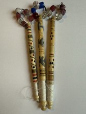 3 DELIGHTFUL ANTIQUE BONE LACE MAKING BOBBINS WITH SPANGLES (lot b)