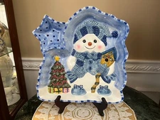 Merciles Snowman and Christmas Tree 13 1/2" Blue Chip N Dip Tray