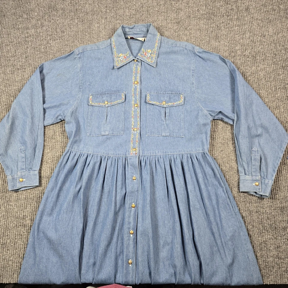 Orvis Denim Shirt Dress Womens XL Blue Embroidered Western Long Sleeve Maxi - Image 3 of 4