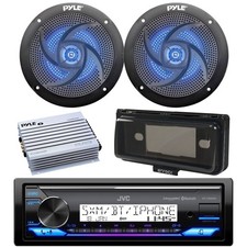 Marine Bluetooth Radio, Amp, 2x 5.25" 180W Blue Flash LED Speaker, Cover Black 