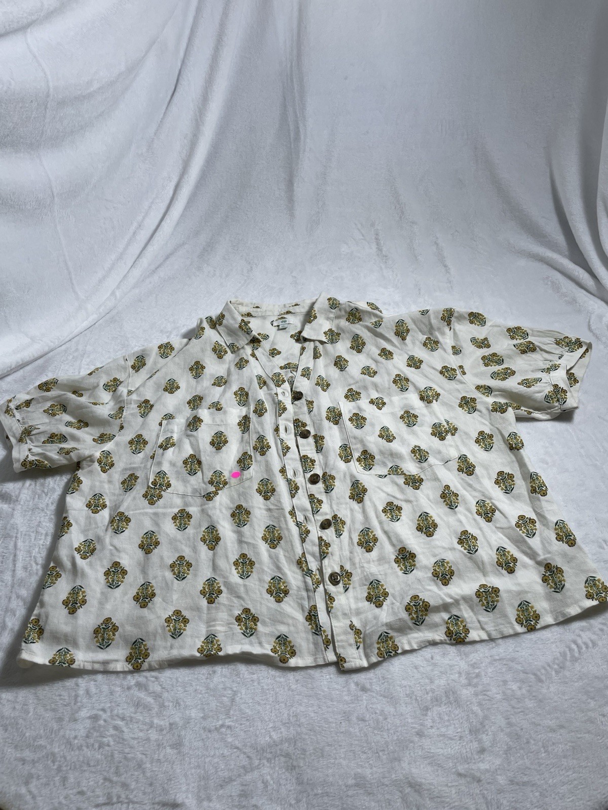 Cottagecore Boho XL Blouse Cream Block Floral Print 3/4 Sleeve Dip Linen Blend