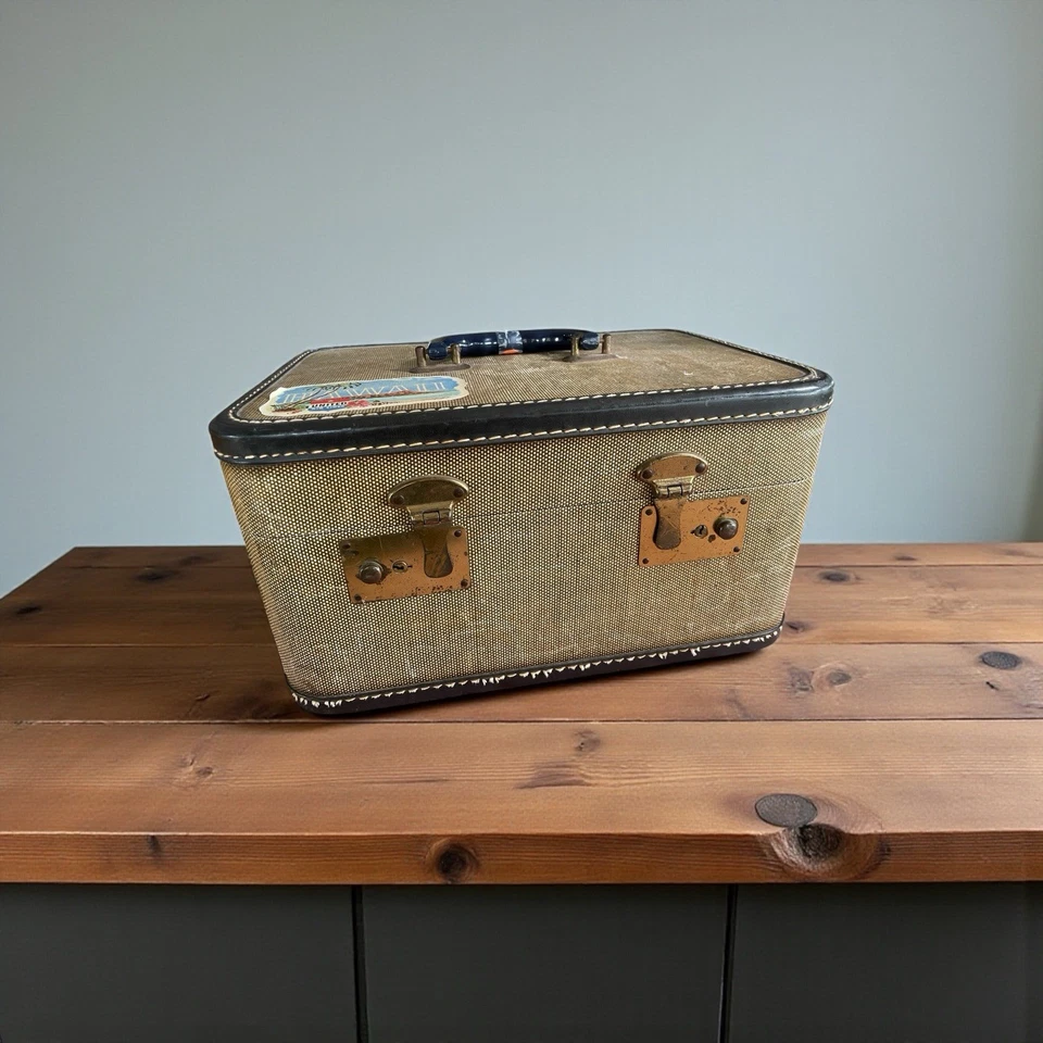 Tocador de viaje vintage de tweed beige de los años 50 maquillaje tren estuche equipaje JC Higgins Foto 3 de 4