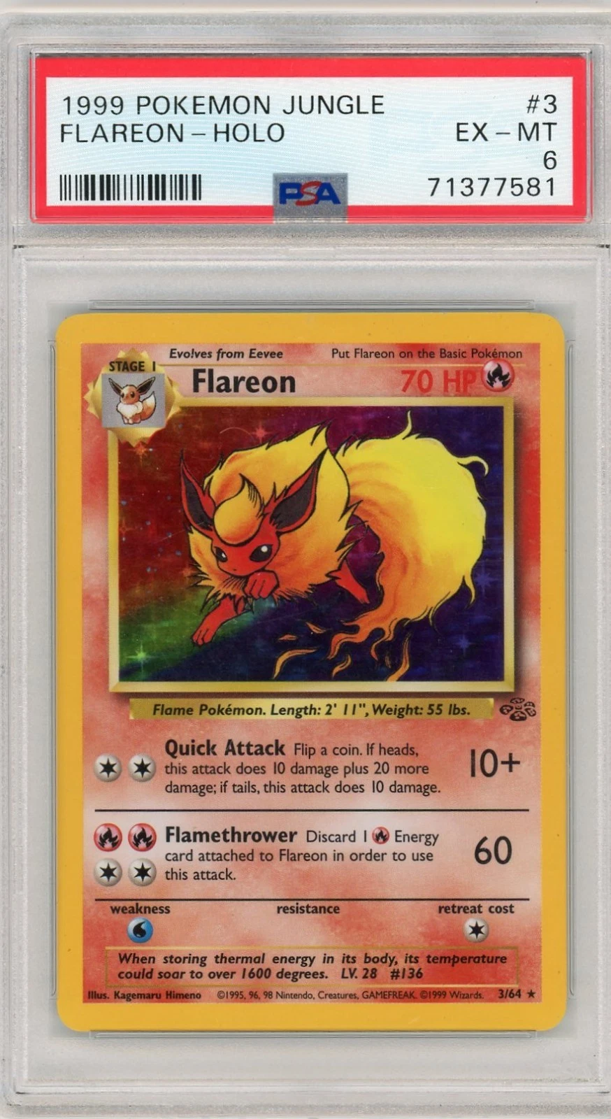 1999 POKEMON JUNGLE #3 FLAREON-HOLO PSA 6