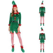 Women Party Hat Xmas Suit Christmas Elf Costume Long Sleeve Cosplay Clubwear