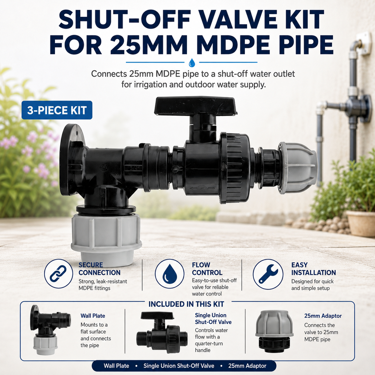 MDPE Wall Plate Shut-Off Valve Kit for 25mm Pipe Single Union 20mm Water Adaptor