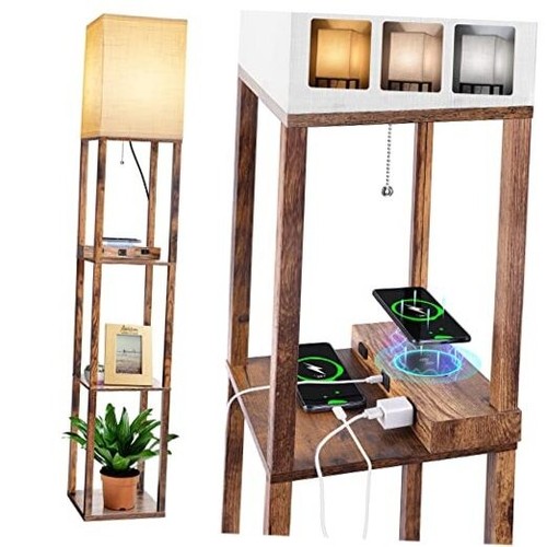 Floor Lamp with Shelves, Shelf Lamp with Wireless Charger & USB A+C Ports & 2