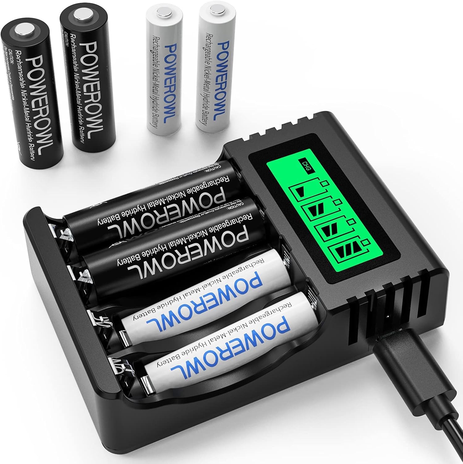 POWEROWL LCD Battery Charger NiMH AA AAA Rechargeable Battery Charger (USB Fast