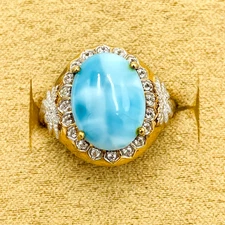 Larimar White Zircon Ring Size 10 YG 925 Sterling Silver Palm Trees Cocktail Gem