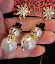 Beautiful Large High Quality Snowman Earrings Dangle Crystal Snowflakes Gift Box