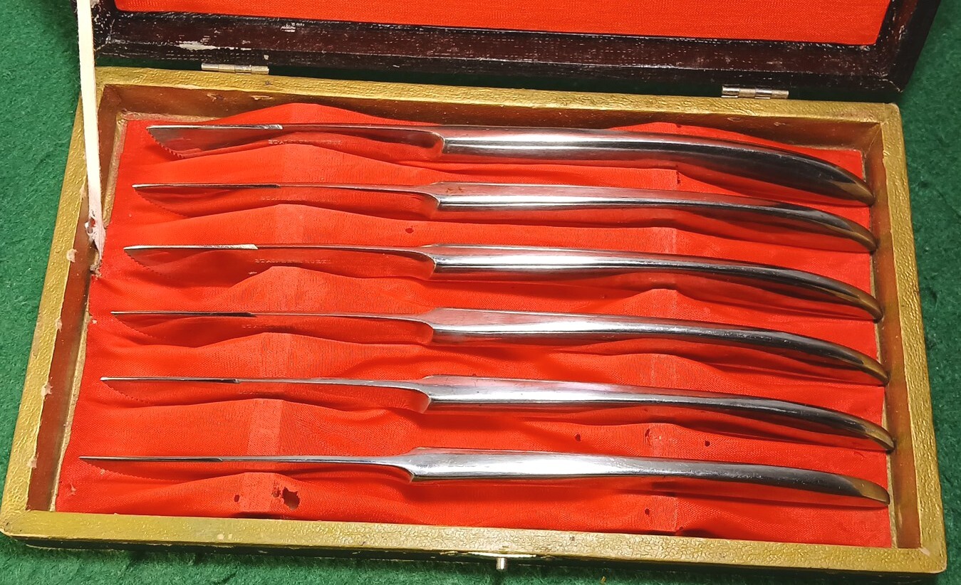 Vtg Set Of 6 Japan Stainless Steel Partial Serrated Steak Knives, Original Box